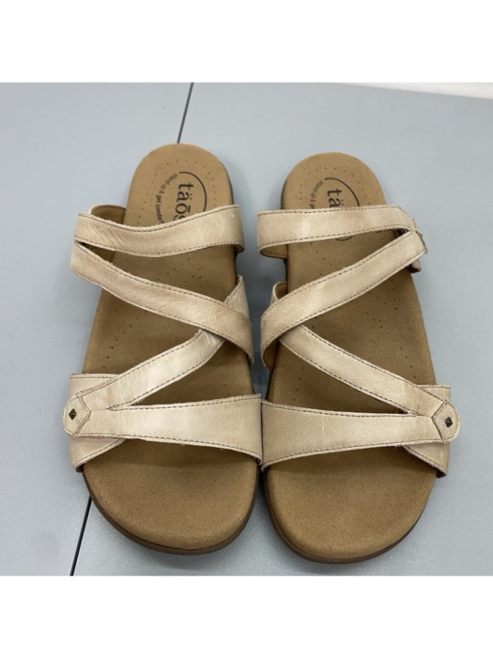 Taos Double U Slide Sandals Comfort Strappy Slip On Leather Cream Womens 8 - Picture 5 of 12